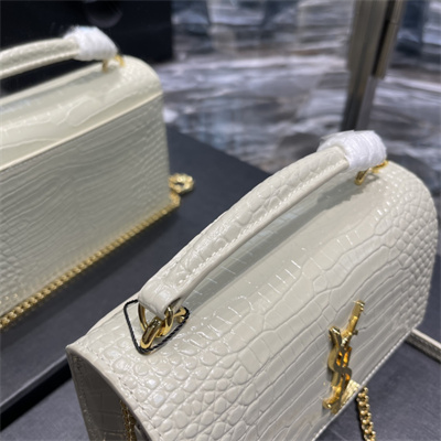 Y.S.L Sunset Chain Wallet In Crocodile Embossed Leather Gold Tone Metal White Color