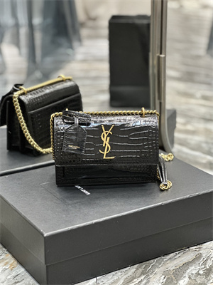 Y.S.L Sunset Small Bag In Crocodile Embossed Leather Gold Tone Metal Black Color