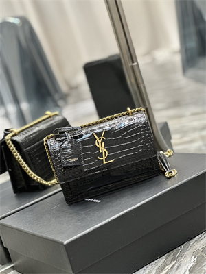 Y.S.L Sunset Small Bag In Crocodile Embossed Leather Gold Tone Metal Black Color