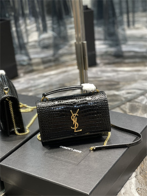 Y.S.L Sunset Chain Wallet In Crocodile Embossed Leather Gold Tone Metal Black Color