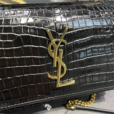 Y.S.L Sunset Chain Wallet In Crocodile Embossed Leather Gold Tone Metal Black Color