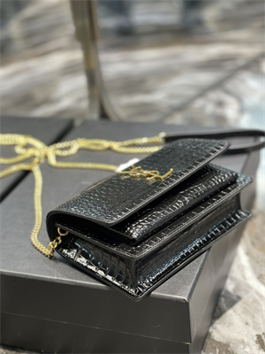 Y.S.L Sunset Chain Wallet In Crocodile Embossed Leather Gold Tone Metal Black Color