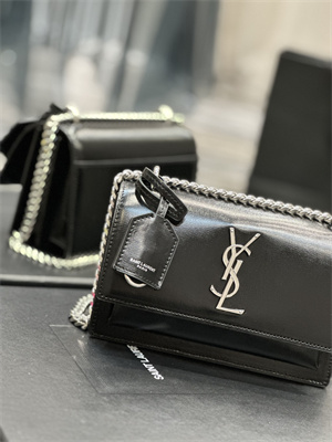 Y.S.L Sunset Small Bag In Smooth Leather Silver Tone Metal Black Color