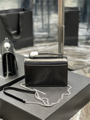 Y.S.L Sunset Chain Wallet In Smooth Leather Silver Tone Metal Black Color