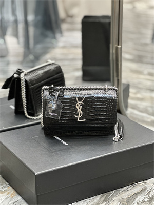 Y.S.L Sunset Small Bag In Crocodile Embossed Leather Silver Tone Metal Black Color