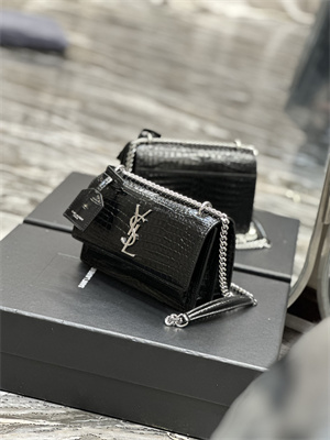 Y.S.L Sunset Small Bag In Crocodile Embossed Leather Silver Tone Metal Black Color