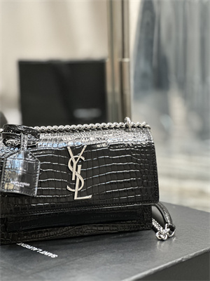 Y.S.L Sunset Small Bag In Crocodile Embossed Leather Silver Tone Metal Black Color