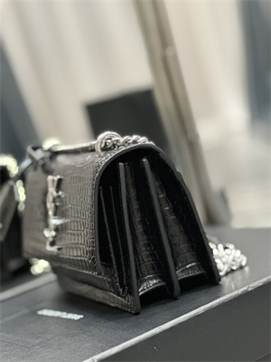 Y.S.L Sunset Small Bag In Crocodile Embossed Leather Silver Tone Metal Black Color