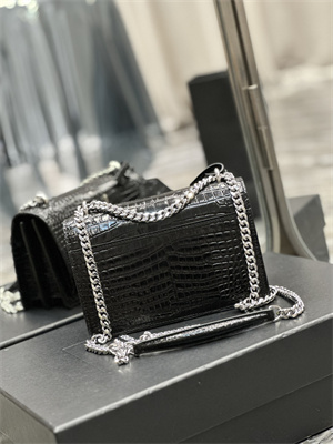 Y.S.L Sunset Small Bag In Crocodile Embossed Leather Silver Tone Metal Black Color