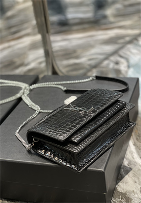 Y.S.L Sunset Chain Wallet In Crocodile Embossed Leather Silver Tone Metal Black Color