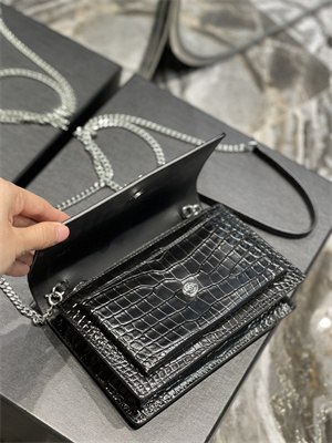 Y.S.L Sunset Chain Wallet In Crocodile Embossed Leather Silver Tone Metal Black Color