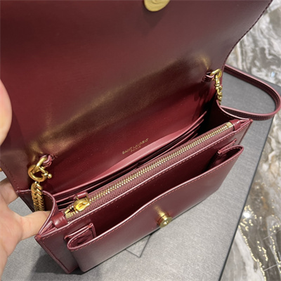 Y.S.L Sunset Chain Wallet In Smooth Leather Gold Tone Metal Burgundy Color