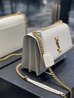 Y.S.L Sunset MEDIUM Bag In Smooth Leather Gold Tone Metal White Color