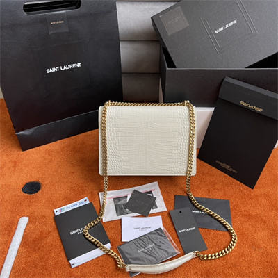 Y.S.L Sunset MEDIUM Bag In Crocodile Embossed Leather Gold Tone Metal White Color