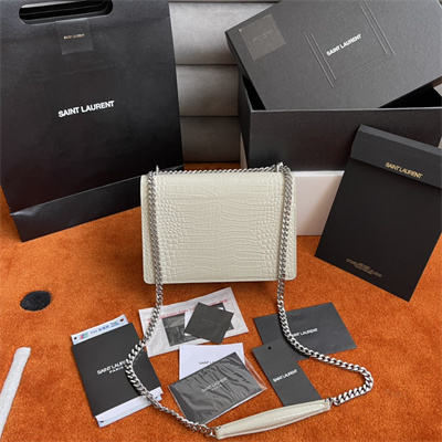 Y.S.L Sunset MEDIUM Bag In Crocodile Embossed Leather Silver Tone Metal White Color
