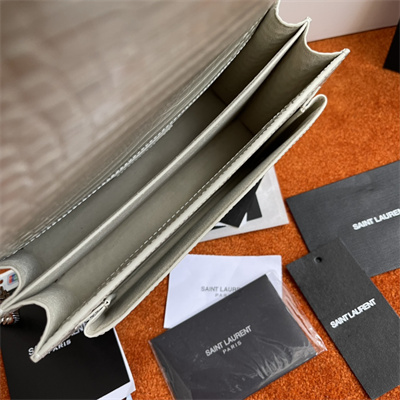 Y.S.L Sunset MEDIUM Bag In Crocodile Embossed Leather Silver Tone Metal White Color