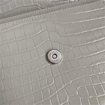 Y.S.L Sunset MEDIUM Bag In Crocodile Embossed Leather Silver Tone Metal White Color