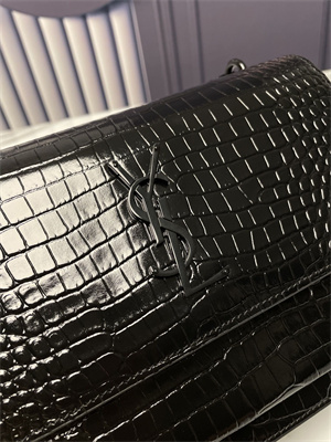Y.S.L Sunset MEDIUM Bag In Crocodile Embossed Leather Black Tone Metal Black Color