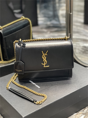 Y.S.L Sunset MEDIUM Bag In Smooth Leather Gold Tone Metal Black Color