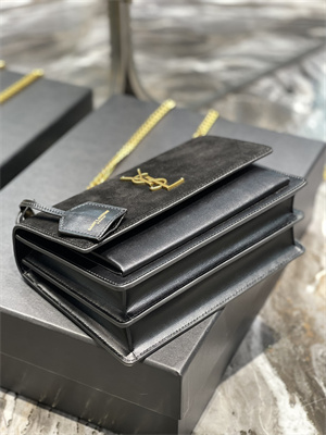 Y.S.L Sunset MEDIUM Bag In Suede and Smooth Leather Gold Tone Metal Black Color