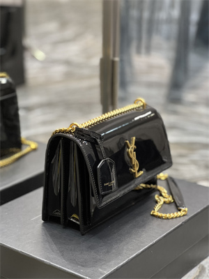 Y.S.L Sunset MEDIUM Bag In Patent Leather Gold Tone Metal Black Color