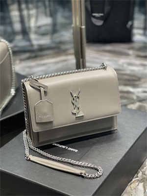 Y.S.L Sunset MEDIUM Bag In Smooth Leather Silver Tone Metal Grey Color