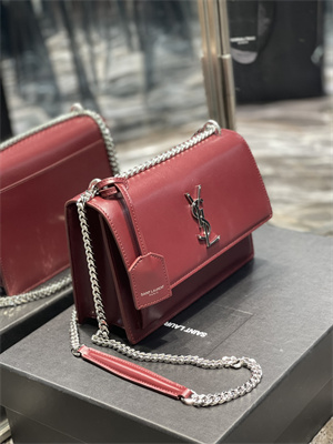 Y.S.L Sunset MEDIUM Bag In Smooth Leather Silver Tone Metal Burgundy Color