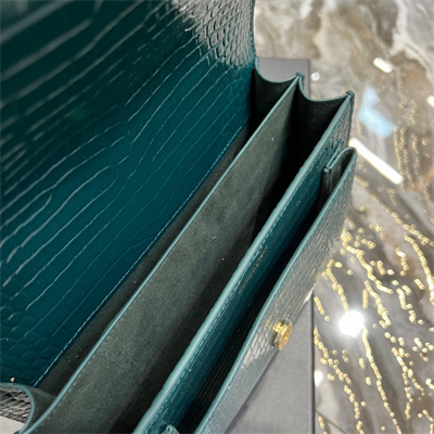 Y.S.L Sunset MEDIUM Bag In Crocodile Embossed Leather Gold Tone Metal Green Color