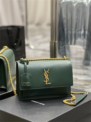 Y.S.L Sunset MEDIUM Bag In Smooth Leather Gold Tone Metal Green Color