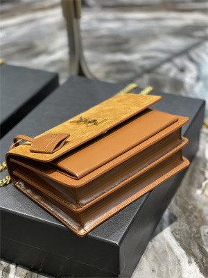 Y.S.L Sunset MEDIUM Bag In Suede and Smooth Leather Gold Tone Metal Brown Color