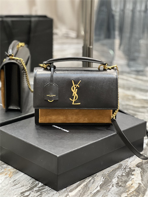 Y.S.L Sunset Top Handle Bag In Smooth Leather and Suede Gold Tone Metal Black Color