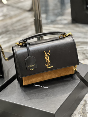 Y.S.L Sunset Top Handle Bag In Smooth Leather and Suede Gold Tone Metal Black Color
