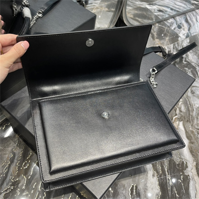 Y.S.L Sunset Top Handle Bag In Smooth Leather Silver Tone Metal Black Color