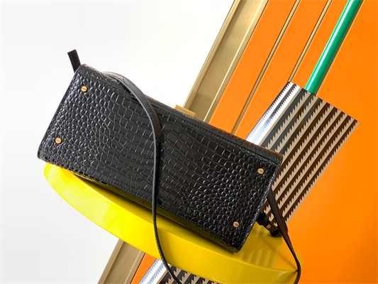 Y.S.L CASSANDRA MEDIUM TOP HANDLE BAG IN CROCODILE EMBOSSED LEATHER Gold Tone Metal Black Color