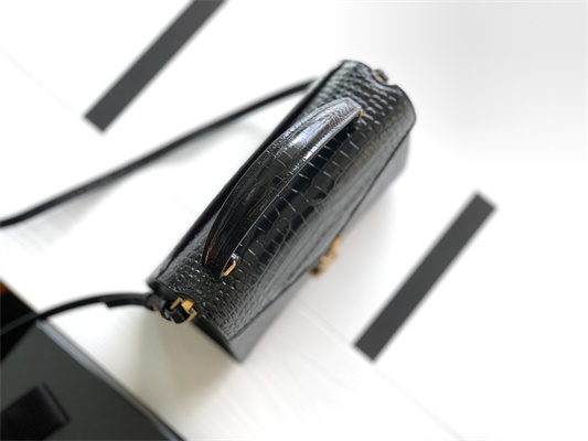 Y.S.L CASSANDRA MEDIUM TOP HANDLE BAG IN CROCODILE EMBOSSED LEATHER Gold Tone Metal Black Color