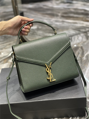 Y.S.L CASSANDRA MEDIUM TOP HANDLE BAG IN DE POUDRE EMBOSSED LEATHER Gold Tone Metal Green Color