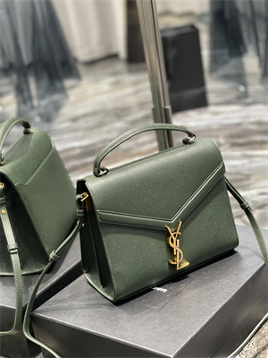 Y.S.L CASSANDRA MEDIUM TOP HANDLE BAG IN DE POUDRE EMBOSSED LEATHER Gold Tone Metal Green Color