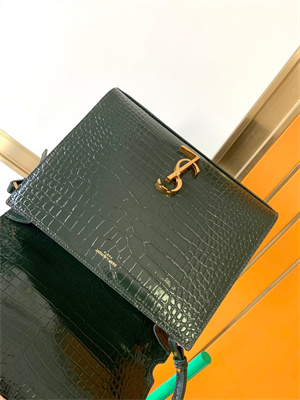 Y.S.L CASSANDRA MEDIUM TOP HANDLE BAG IN CROCODILE EMBOSSED LEATHER Gold Tone Metal Green Color