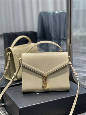 Y.S.L CASSANDRA MEDIUM TOP HANDLE BAG IN DE POUDRE EMBOSSED LEATHER Gold Tone Metal Beige Color