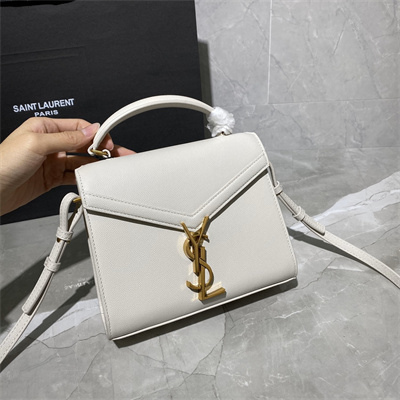 Y.S.L CASSANDRA MINI TOP HANDLE BAG  IN DE POUDRE EMBOSSED LEATHER Gold Tone Metal White Color