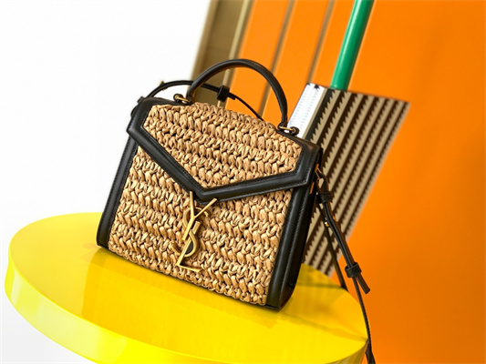 Y.S.L CASSANDRA MINI TOP HANDLE BAG IN Raffia and Leather Gold Tone Metal
