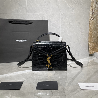 Y.S.L CASSANDRA MINI TOP HANDLE BAG IN CROCODILE EMBOSSED LEATHER Gold Tone Metal Black Color