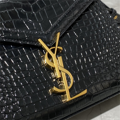 Y.S.L CASSANDRA MINI TOP HANDLE BAG IN CROCODILE EMBOSSED LEATHER Gold Tone Metal Black Color