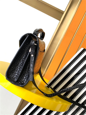 Y.S.L CASSANDRA MINI TOP HANDLE BAG IN CROCODILE EMBOSSED LEATHER Silver Tone Metal Black Color