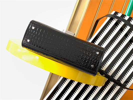 Y.S.L CASSANDRA MINI TOP HANDLE BAG IN CROCODILE EMBOSSED LEATHER Silver Tone Metal Black Color