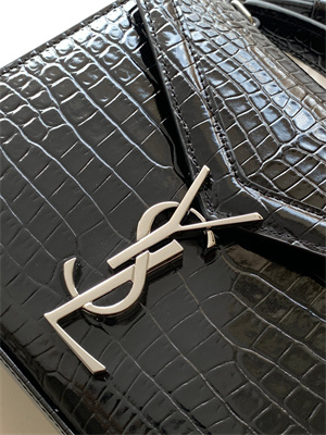 Y.S.L CASSANDRA MINI TOP HANDLE BAG IN CROCODILE EMBOSSED LEATHER Silver Tone Metal Black Color