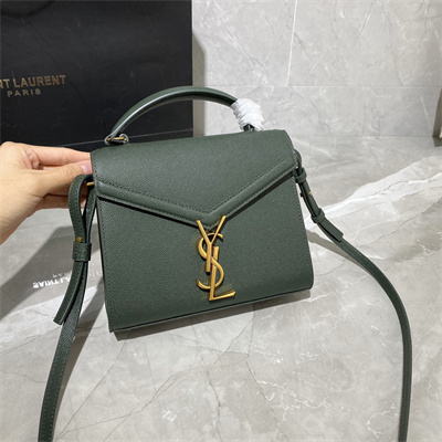 Y.S.L CASSANDRA MINI TOP HANDLE BAG IN DE POUDRE EMBOSSED LEATHER Gold Tone Metal Green Color