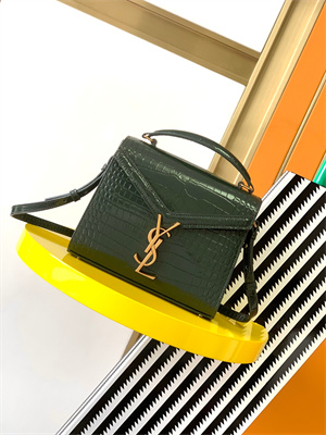 Y.S.L CASSANDRA MINI TOP HANDLE BAG IN CROCODILE EMBOSSED LEATHER Gold Tone Metal Green Color