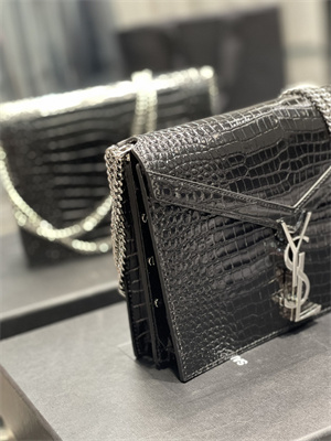 Y.S.L CASSANDRA CHAIN BAG IN CROCODILE EMBOSSED LEATHER Silver Tone Metal Black Color