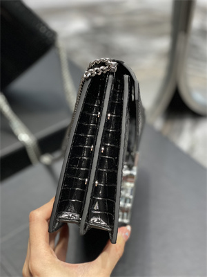 Y.S.L CASSANDRA CHAIN BAG IN CROCODILE EMBOSSED LEATHER Silver Tone Metal Black Color